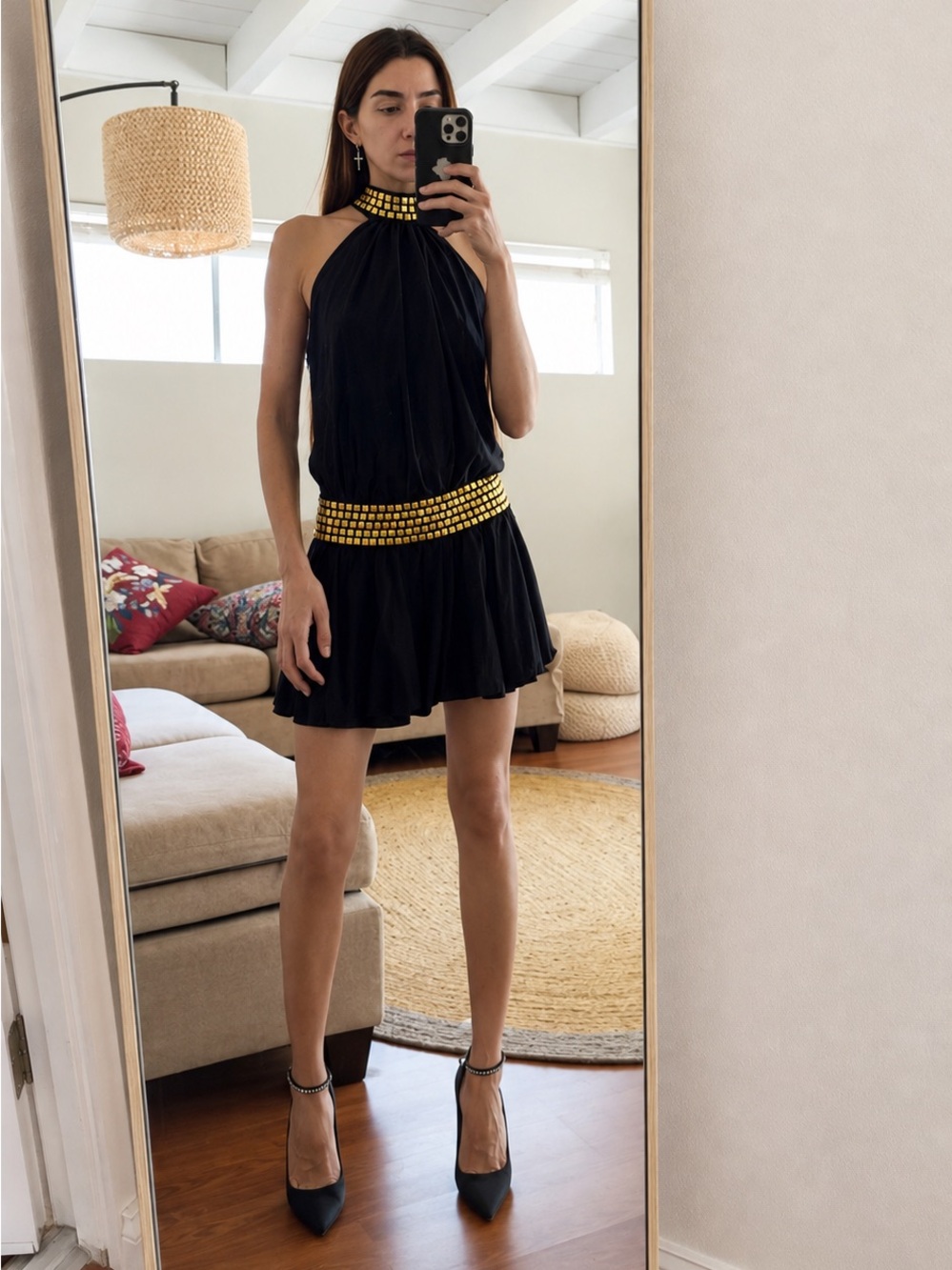 Dolls Kill Black Halter Mini Dress with Gold Stud Trim